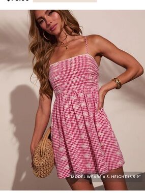 Vici red Gingham Mini Dress with White Floral Print